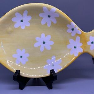 Yellow Fish-Shaped Platter with White Floral Design NWOT